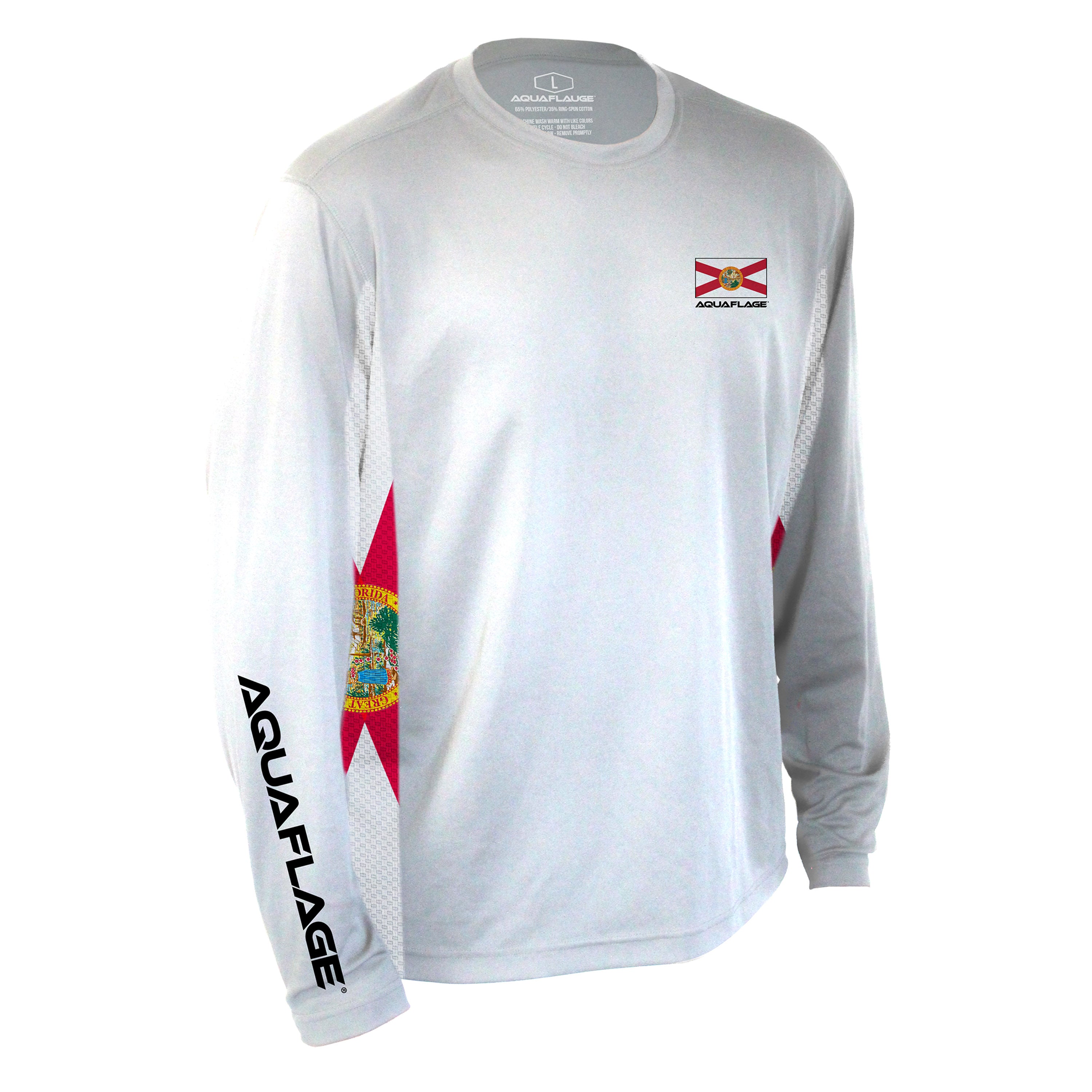 $18.99 White long sleeve with colored flag UPF 40 performance